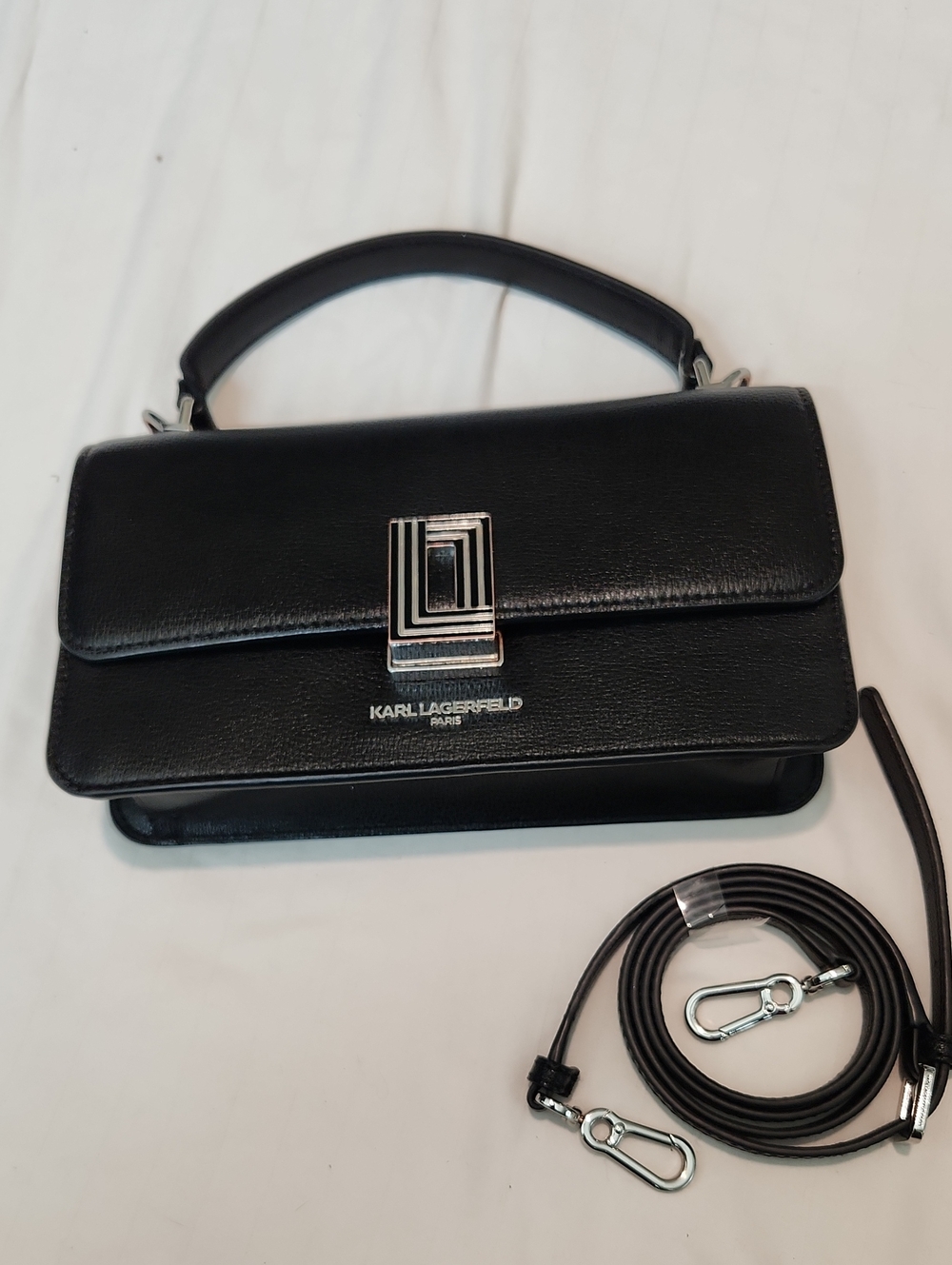 Karl Lagerfeld Black Leather Top-Handle Satchel with Detachable Strap